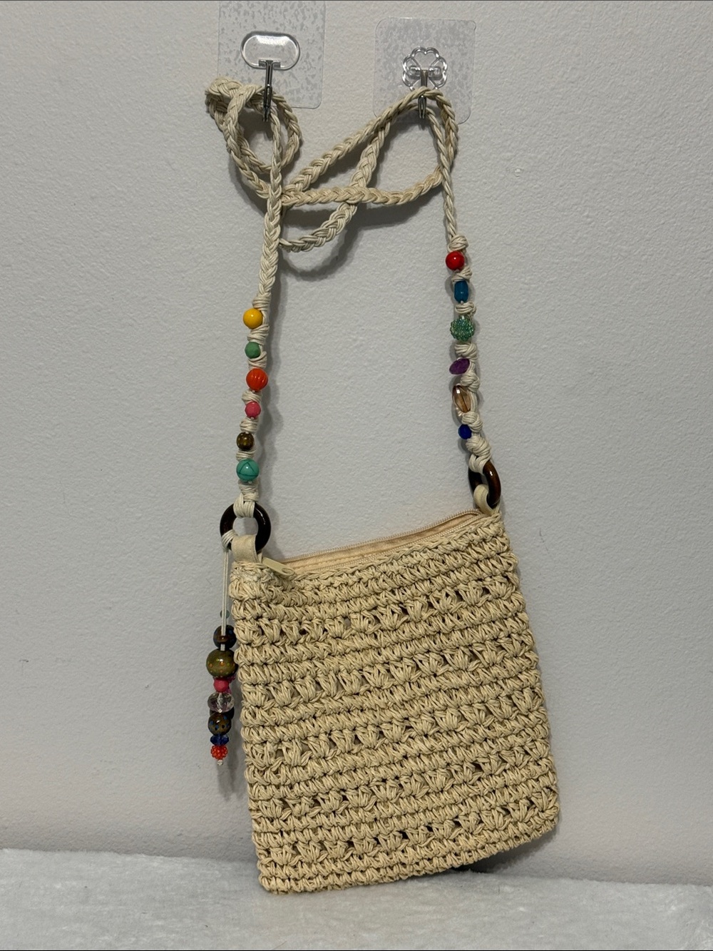 Capelli Handwoven Beige Crochet Crossbody Bag with Bead Accents